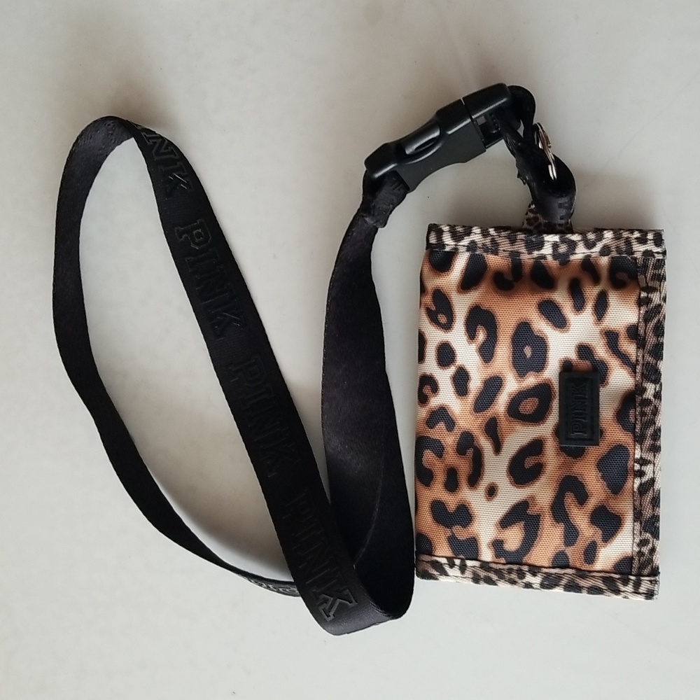 PINK Brand 🐆 leopard cheetah print nylon velcro wallet  lanyard key chain